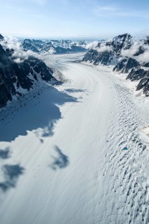 Ruth Glacier, epic mountains with large valley glacier, aerial view, Alaska Range, Denali National