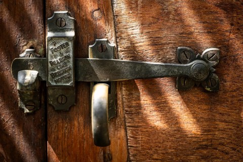 Wrought iron door lock with the inscription Foster & Pearson, Chelsea Physic Garden, historic
