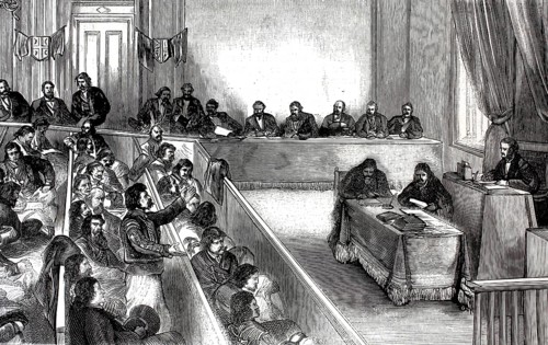 Session of the Skoupchina, the Parliament of Serbia, in 1876, illustration, reproduction from a