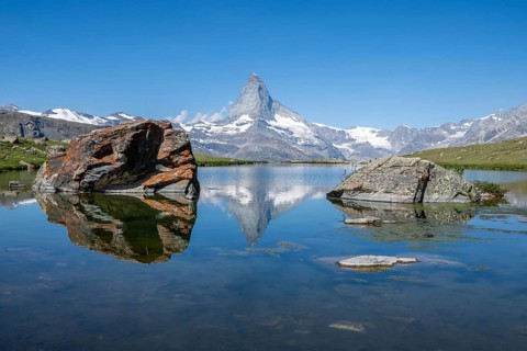 View of the majestic Matterhorn reflected in Stellisee, Zermatt, Valais, Switzerland