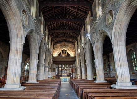 View from nave to chancel arch inside parish church of St John the Baptist, Frome, Somerset,