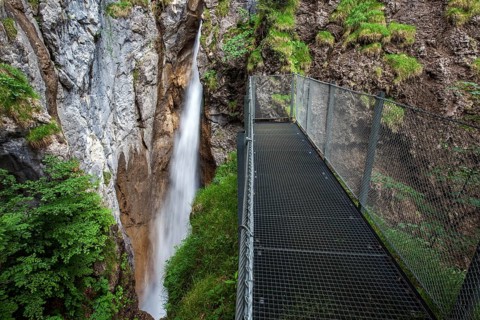 Waterfall in Hölltobel, with viewing platform, near Gerstruben, Dietersbachtal, Oberstdorf,