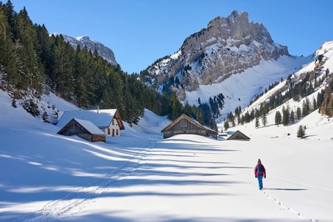 Woman hiking in the snowy mountain landscape of the Alpstein Säntis mountain range, Brülisau,