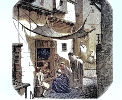 A Jewish shop or shop in Oran, Algeria, in the 19th century. A group of men wearing traditional