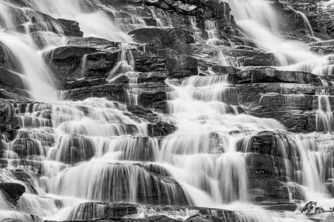 Mae Ya waterfall with cascading flowing water, black and white photo, near Doi Inthanon National
