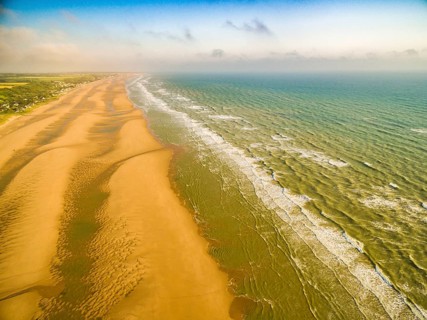 Aerial view of normandy sandy beach. France coast, omaha beach, France