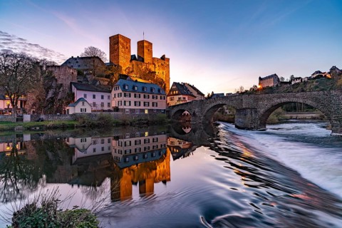 Runkel Castle over the Lahn at dusk, Runkel, Hesse, Germany