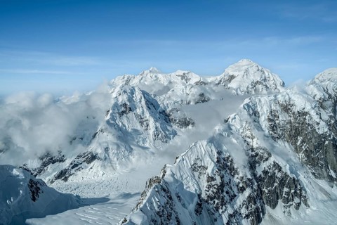 Summit of Mt Denali or Mount McKinley with glacier, aerial view, Alaska Range, Denali National