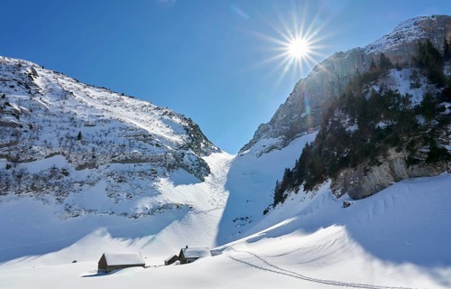 Snowy alpine winter landscape in the Alpstein, Säntis mountain range, Brülisau, Kanton Appenzell,