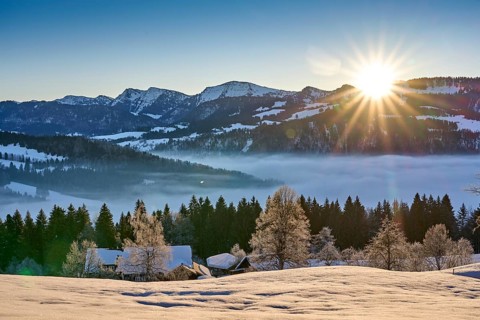 Moodx sunrise over the mountains of the Nagelfluh mountain chain in the Allgaeu Alps with Hochgrat
