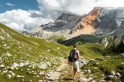 Male hiker with backpack walking dirt trail green alpine meadow majestic mountain peaks background