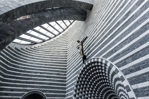 Interior view, modern chapel, San Giovanni Battista, architect Mario Botta, Mogno, Maggia Valley,