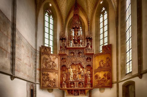 Interior view, high altar carved from linden wood, carved altar, choir, Lutheran City Church, Old