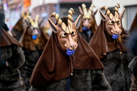 Members of a fools' guild in traditional Haes, fool's clothing, carnival parade, Kappelrodeck,