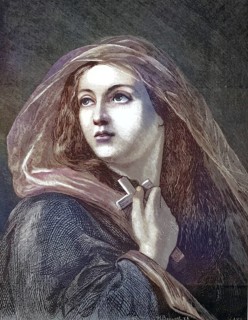 A young woman in a veil holding a cross to her chest and looking up. Allegorical depiction of the