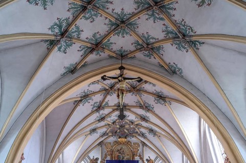 Gothic mesh vault with Jesus cross, parish church of the Most Holy Trinity, founded in 1364,