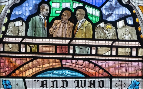 Detail modern stained glass depicting Bristol bus boycott of 1965, by Ealish Swift 2023, St Mary