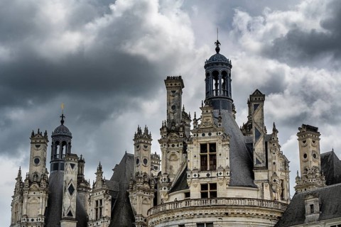Detailed view of the monumental Renaissance Château de Chambord castle with its distinctive, richly