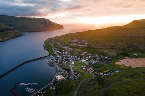 Aerial View of Eidi At Sunset, Faroe Islands
