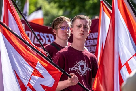 Youth organization Young Nationalists, the party Die Heimat, NPD successor, demonstrates on May 1