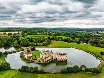 Leeds Castle from a drone, River Len, Kent, England, United Kingdom