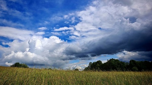 Wide meadow under a sky with dramatic clouds in front of a thunderstorm in summer, Kronach,