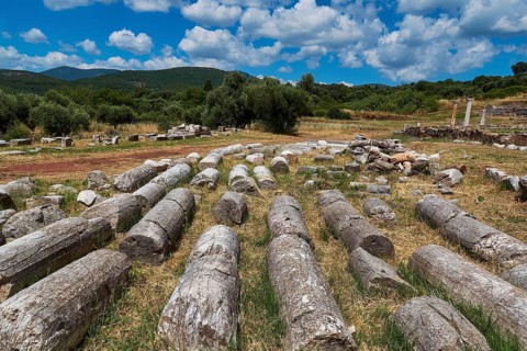Ancient debris and stones spread out in a meadow under a blue sky, ancient site, archaeological