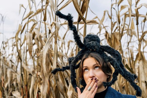 A woman covers her mouth with her hand in fear because of a toy large spider on her head. Halloween
