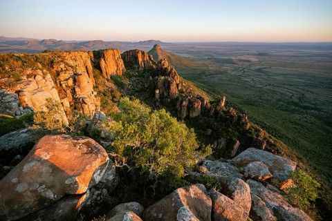 View of the Valley of Desolation at sunset, eroded rock needles from Dolorit, Camdeboo National