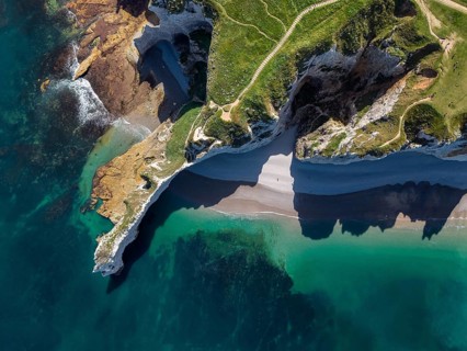 Aerial view, top down view of the Falaise d'Amont rock formation with the Porte d'Amont rock gate