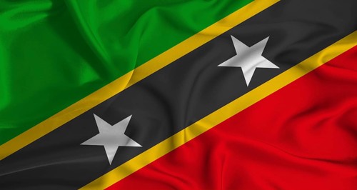 Realistic Saint Kitts and Nevis flag waving. Close up of flag of Saint Kitts and Nevis with cloth