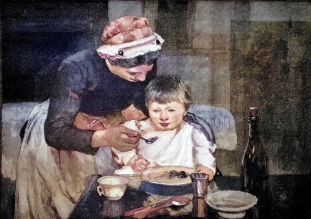 Infant eating with a caregiver or mother. A woman wearing traditional clothing and head covering