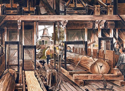 Illustration vividly illustrates the traditional craft and mechanics of a Dutch windmill, which is