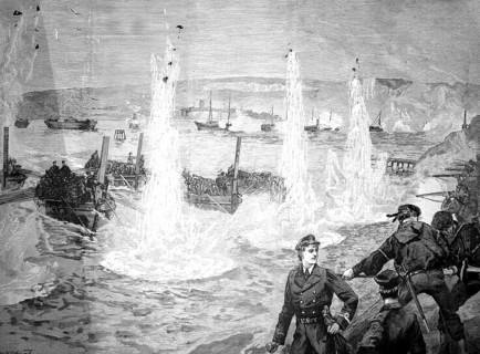Naval maneuver with torpedoes near Portsmouth, around 1880, England, illustration, reproduction