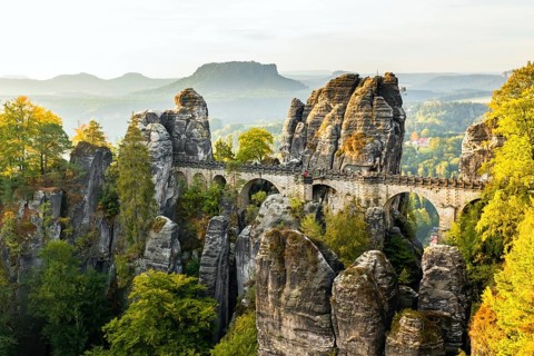 Saxony, Saxon Switzerland, Germany, autumn leaves, rocks, autumn, sandstone, Bastei bridge, sunset,