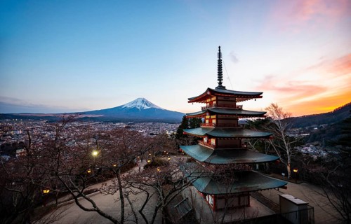 Five-story pagoda of a Shinto Shrine, Chureito Pagoda, with views of Fujiyoshida City and Mount