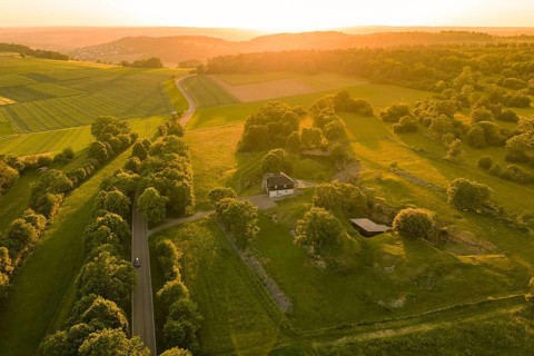 Path and buildings in picturesque landscape, illuminated by the low sun, Gechingen, Hecken and Gäu