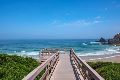 A wooden walkway with views of the sea and rocks under clear skies surrounded by vegetation,