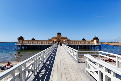 Wooden walkway to Kallbadhuset Varberg, traditional cold bath house and sauna on the beach, Moorish