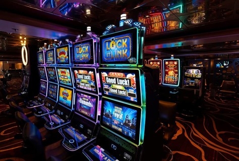 Rows of illuminated slot machines with colorful neon displays on a casino gaming floor, vibrant