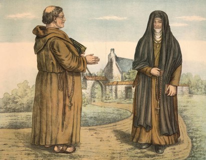 Illustration of a monk and a nun, from 1881, depicting Italian costumes around the year 1200. The