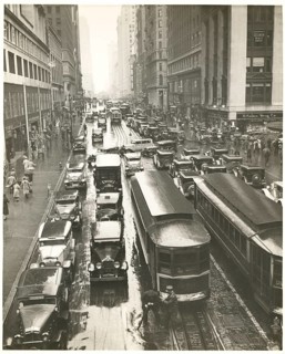 New York, 42nd Street, rain, traffic, streetcars, shops, department stores, Manhattan, USA, people