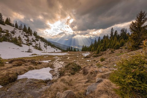 Evening at Loassattel, in spring, the Inn Valley and the Karwendel Mountains in the back,