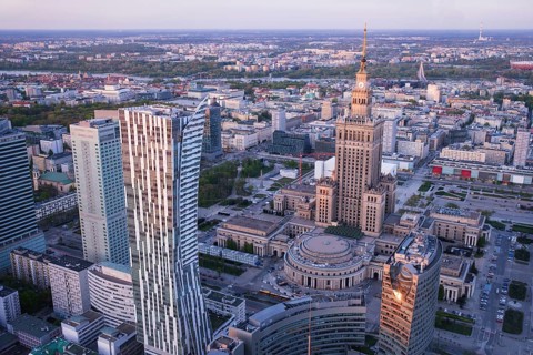 Broad view across Warsaw, Poland, with the Palace of Culture landmark, skyline towers, historic