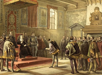 The presentation of the Smeekschrift der Edelen to Margaret of Parma in 1566, the scene depicts