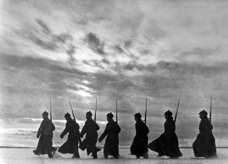 Soldiers march on the coast, presumably near Murmansk, Soviet Union, 1939