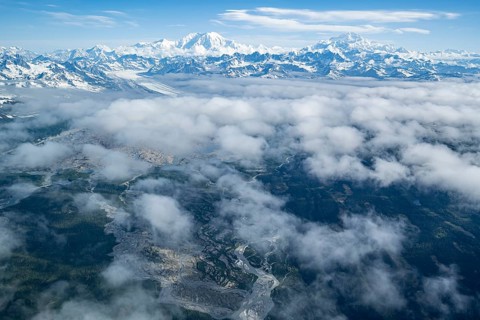 Mt Foraker and Mt Denali or Mount McKinley, aerial view, Alaska Range, Denali National Park,