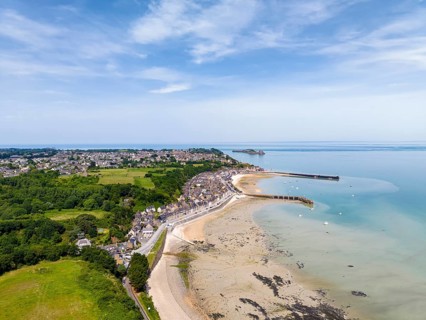 Aerial view of the picturesque fishing village of Cancale on the Emerald Coast. The picture shows