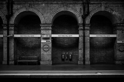 Notting Hill Gate subway station, underground, tube, public transport, black and white, London,
