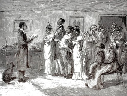 Marriage of formerly enslaved African Americans, satirical depiction of a wedding ceremony in the